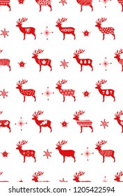 Red simple Christmas deer for holiday celebrations Scandinavian Nordic style. Christmas, new year decor. Seamless pattern with simple decoration hand drawn