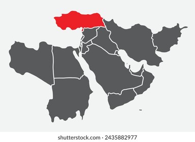 Mapa político en blanco simple rojo de CMYK de TURQUÍA (TÜRKIYE) con fronteras nacionales gruesas y blancas sobre fondo azul claro usando proyección ortográfica del gris oscuro Oriente Medio