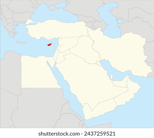 Red simple CMYK blank political map of CYPRUS with flag and name tags, black national country borders on gray  continent background and blue sea surfaces using orthographic projection of Middle East