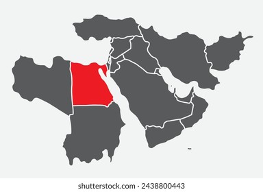 Mapa político en blanco simple rojo de CMYK de EGIPTO con fronteras nacionales gruesas y blancas sobre fondo azul claro usando proyección ortográfica del Medio Oriente negro