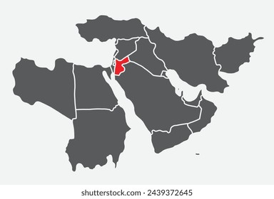 Mapa político en blanco de JORDANIA con fronteras nacionales blancas y gruesas sobre fondo azul claro usando proyección ortográfica del negro Oriente Medio