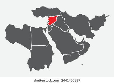 Mapa político en blanco simple rojo de CMYK de SIRIA con fronteras nacionales gruesas y blancas sobre fondo azul claro usando proyección ortográfica del Medio Oriente negro