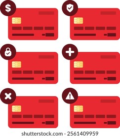 Red Simple Debit Card Collection with Dollar Save Lock Plus Wrong Warning Icon