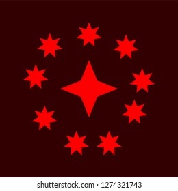 Red simple flat style light star flares isolated on burgundy background. Vector illustration