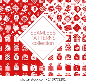 Red simple gift boxes for holiday celebrations Scandinavian Nordic style. Christmas, new year presents. Collection of boxes with simple decoration hand drawn. Seamless pattern for holiday wrapping pap