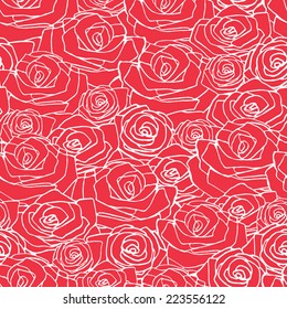 Red simple outline rose seamless pattern, vector background