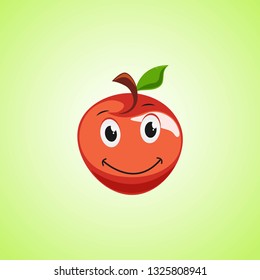Red Simple Smiling Apple Cartoon Character. Cute smiling apple icon Isolated On Green Background. Vector illustration EPS 10.