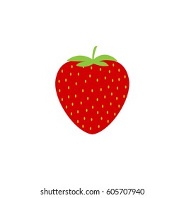 Red Simple strawberry icon with green leaves, sweet berry