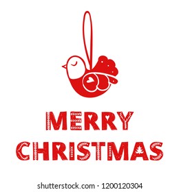Red simple stylized cute bird with Merry Christmas inscription for holiday celebrations Scandinavian Nordic style. Hand drawn invitation card, label, tag for gift or present decoration