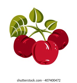 Red simple vector cherries with green leaves, ripe sweet berries illustration. Healthy and organic food, harvest season symbol. 