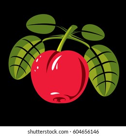 Red simple vector cherry with green leaves, ripe sweet berry illustration. Healthy and organic food, harvest season symbol. 