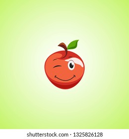 Red simple winking character cartoon apple. Cute smiling apple icon isolated on green background. Vector illustration EPS 10.