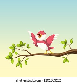 Red singing bird on a branch, vector illustration