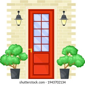 Fachada roja de una sola puerta en una pared de ladrillo decorada con perchas verdes en cachepot e iluminación vectorial