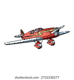 Red single engine airplane flying, featuring a retro hand drawn cartoon style with expressive outlining, shading dots, and a yellow lightning bolt accent