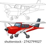 Red single-engine airplane vector illustration with matching black-and-white outline, clean cartoon style