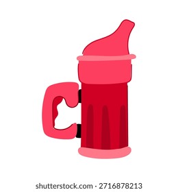 Taza roja del sorbo con la manija y el canalón incorporados, estudio aislado en el biberón plástico blanco, durable del niño que simboliza la hidratación, la alimentación independiente y el cuidado de la primera infancia