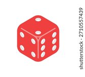 Red Six-Sided Dice Cube Icon for Game and Casino Designs. Vector Illustration on White Background.