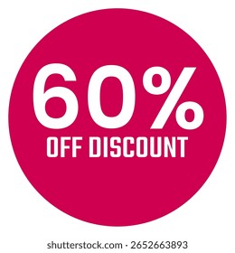 Red sixty 60% percent sale discount badge. Round shape red circle sticker on glasses showcase. isolated on white background.
