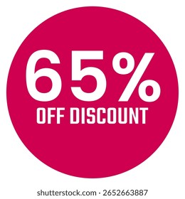 Red sixty five 65% percent sale discount badge. Round shape red circle sticker on glasses showcase. isolated on white background.