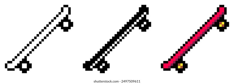 Red Skateboard in Diagonal view, Pixel Art Icon Set