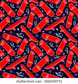 red skateboard hand drawing illustration seamless pattern isolated in black background