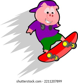 Rotes Skateboardschwein mit einer Mütze auf dem Kopf und einem Kopfhörer auf dem Hals.