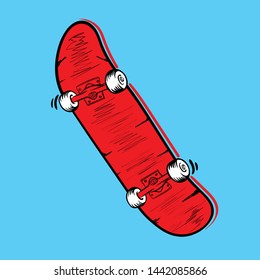 red Skateboard. Vector flat outline icon illustration on blue background.