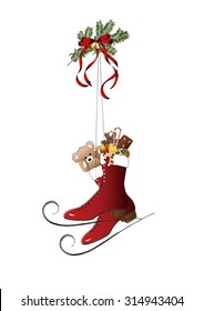 Red skates with presents for christmas
