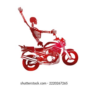 The red skeleton rides a motorcycle. Happy Halloween. Vector illustration