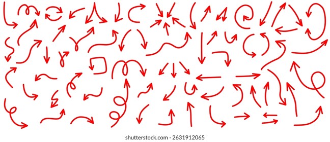 Red sketch arrows set horizontal hand drawn pointers for infographics and navigation, Flat Illustration

