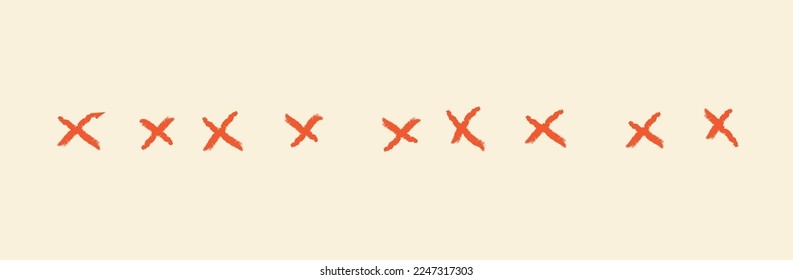 Juego de cruces de sketch rojas. Cancelación y rechazo, ornamento y decoración. Patrón de forma. Colección de elementos gráficos para el sitio web. Ilustraciones del vector plano de dibujos animados aisladas en fondo beige