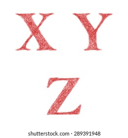 Red sketch font design set - letters X, Y, Z