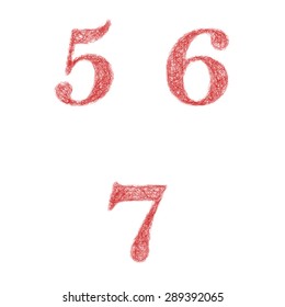 Red sketch font design set - numbers 5, 6, 7