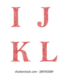 Red sketch font design set - letters I, J, K, L