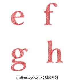 Red sketch font design set - lowercase letters e, f, g, h