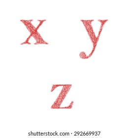 Red sketch font design set - lowercase letters x, y, z