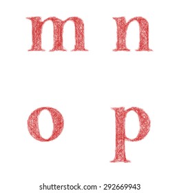 Red sketch font design set - lowercase letters m, n, o, p