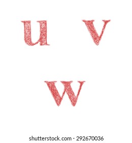 Red sketch font design set - lowercase letters u, v, w
