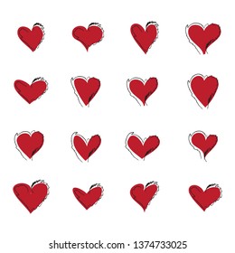 Red sketch heart hand drawn icon set isolated on white background. Red sketch hearts icon for love symbol and Valentine's day. Collection of hearts, creative art concept. Vector illustration