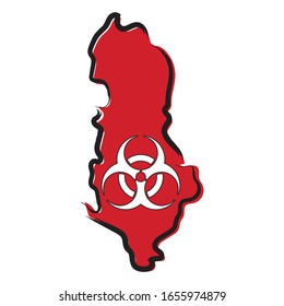 Red sketch map of Albania with biohozard warning inside
