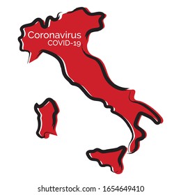 Red sketch map of Italy with Coranovirus Covid-19 inside
