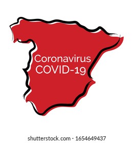 Red sketch map of Spain with Coranovirus Covid-19 inside