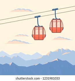 Red Ski Cabin Lift For Mountain Skiers And Snowboarders Moves In The Air On A Cableway On The Background Of Winter Snow Capped Mountains And Sunset, Sunrise. Vector Flat Illustration.