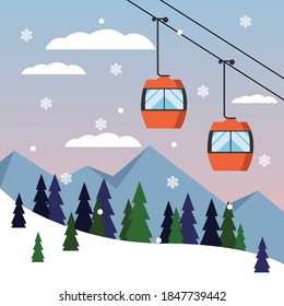Red Ski Cabin Lift For Mountain Skiers And Snowboarders Moves In The Air On A Cableway On The Background Of Winter Snow Capped Mountains. Vector Illustration