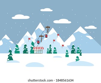 Red ski cabin lift for mountain skiers and snowboarders moves in the air on a cableway on the background of winter snow capped mountains. Vector illustration