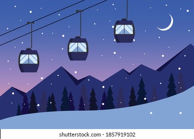 Red ski cabin lift for mountain skiers and snowboarders moves in the air on a cableway on the background of winter snow capped mountains. Night landscape. Vector illustration