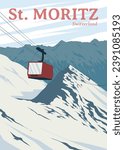 red ski cable car in st. moritz poster design, vintage poster switzerland national park vector design