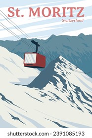 red ski cable car in st. moritz poster design, vintage poster switzerland national park vector design