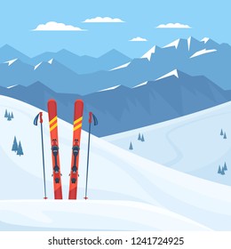 Red ski equipment at the ski resort. Snowy mountains and slopes, winter landscape. Vector flat illustration.